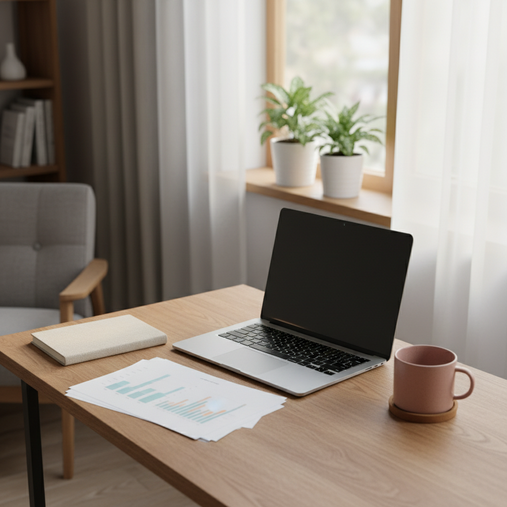 A thoughtfully curated home workspace representing career growth and side hustles, with a minimalist wooden desk holding a slim, silver laptop, a closed notebook with a textured fabric cover, and a tidy stack of printed charts with subtle pastel graphs but no readable text. A ceramic mug in a muted rose tone rests on a cork coaster. Behind the desk, a large window with sheer white curtains lets in diffused afternoon light, illuminating a few leafy plants on the windowsill. The scene is captured in photographic realism from a slightly elevated angle, with balanced composition and gentle bokeh in the background. The atmosphere feels calm, focused, and quietly ambitious, suggesting disciplined work on career, money, and passion projects without showing any people.