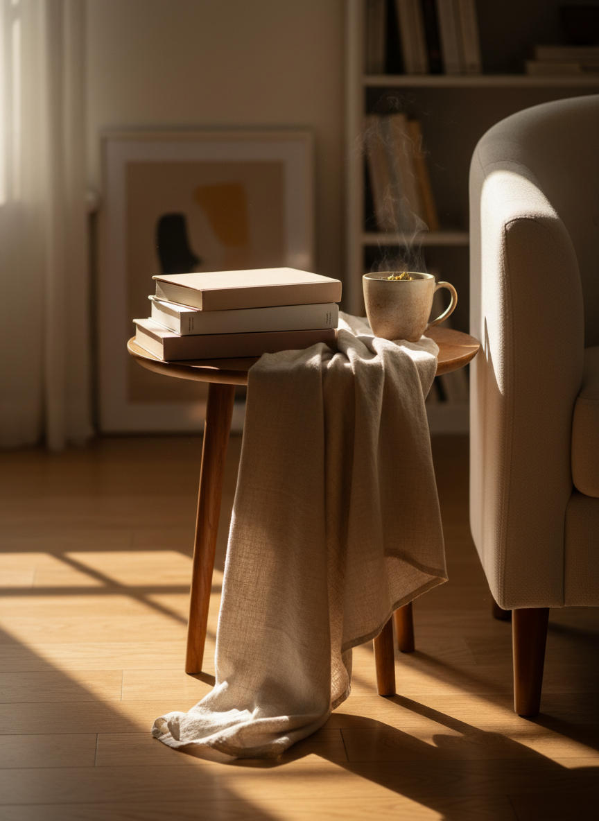 A serene reading nook that evokes personal growth and lifelong learning, featuring a plush armchair implied by the softly curved armrest entering the frame, beside a small round side table. On the table lie a small stack of closed hardcover books in neutral and blush tones with unmarked spines, a simple clay cup of herbal tea, and a linen throw gently draped over the edge. Warm late-afternoon sunlight streams through an off-frame window, creating dappled highlights and soft, elongated shadows on the wooden floor. Shot in photographic realism at eye level with a rule-of-thirds composition, the focus rests on the books while the background softly blurs, creating a sophisticated, introspective mood ideal for a lifestyle blog about education, self-improvement, and quiet moments of becoming.