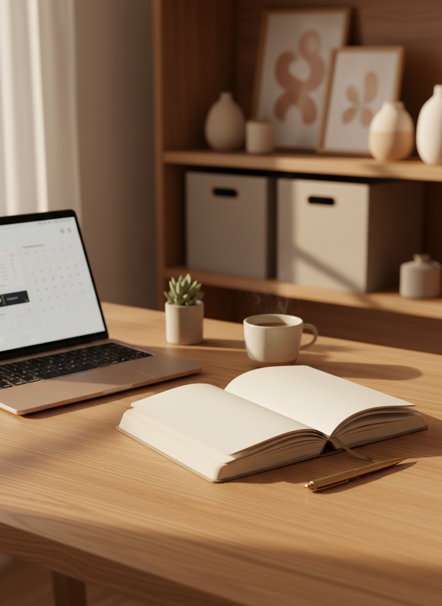 A neatly arranged writing desk symbolizing intentional lifestyle planning, featuring an open linen-bound journal with elegant, blank cream pages, a fine-tipped brass pen, and a slim laptop with a soft metallic finish. The desk surface is warm, lightly textured oak with subtle grain. In the background, a softly blurred bookshelf holds a few neutral-toned storage boxes and ceramic vases instead of books. Gentle morning light filters through an unseen window, casting long, calm shadows and a golden glow across the scene. Photographic realism at eye-level, using a shallow depth of field to keep the journal in crisp focus while the background softly dissolves, creating a sophisticated, reflective mood perfect for a women’s lifestyle blog about becoming and building a better life.